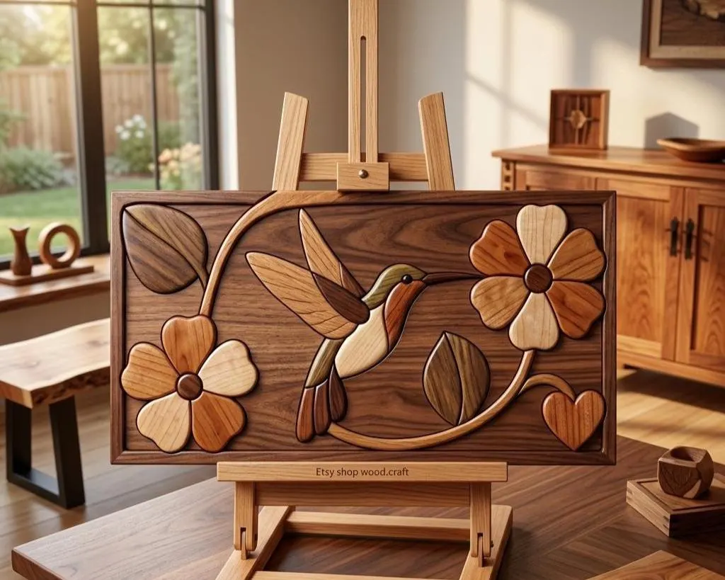 Hummingbird Floral Intarsia Pattern PDF | Beginner Woodworking Plan | Scroll Saw Wall Art | DIY Wooden Bird Decor Template