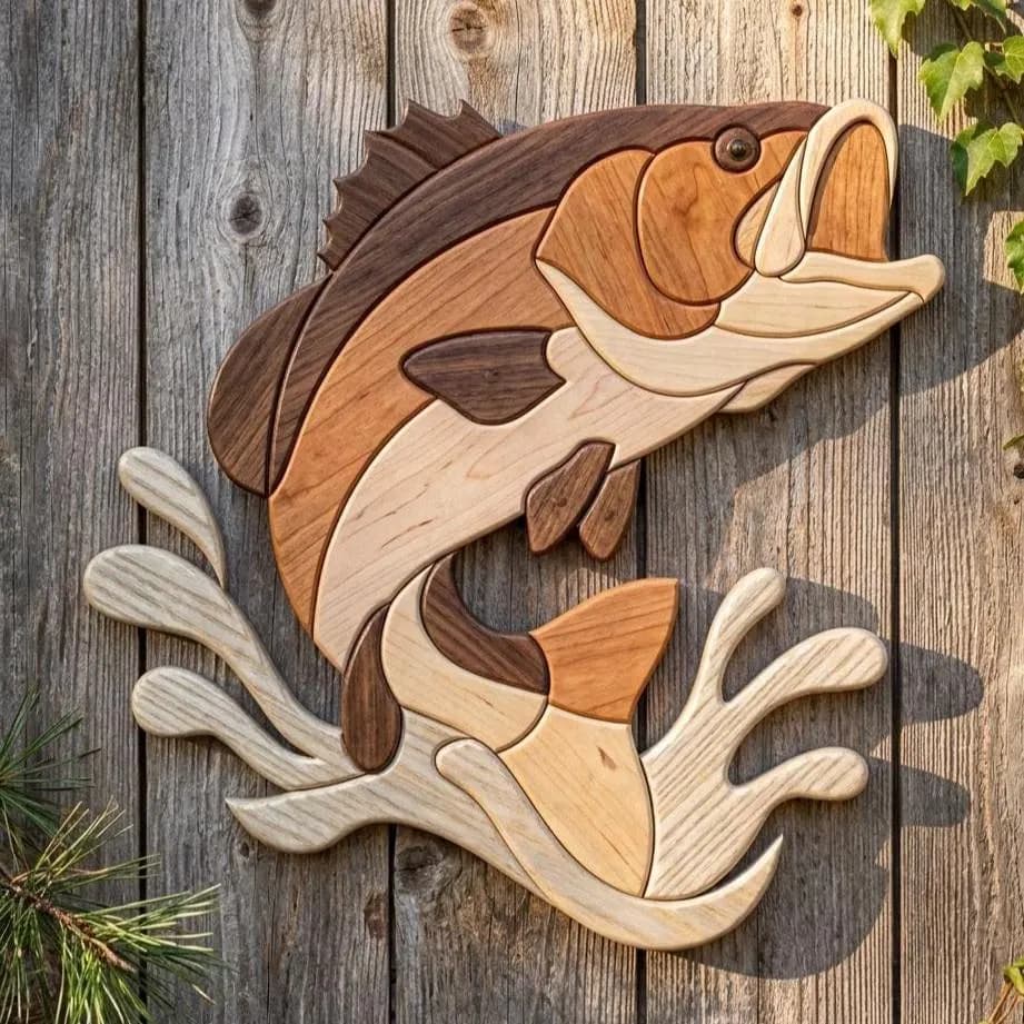 Largemouth Bass Intarsia Pattern PDF, Jumping Fish Woodworking Plan, Scroll Saw Wall Art, Beginner Friendly DIY Wood Project