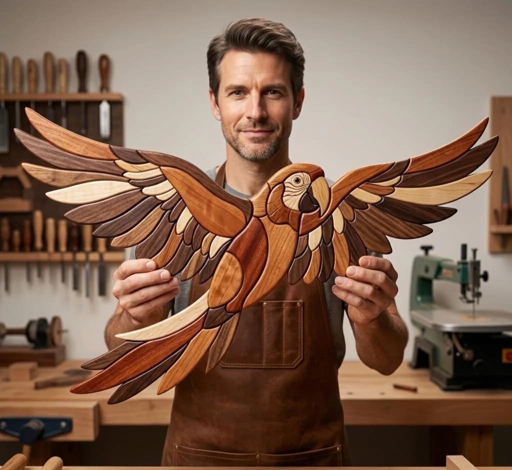 Flying Parrot Intarsia Pattern PDF | Scroll Saw Woodworking Template | Tropical Bird Wall Art | Digital Download