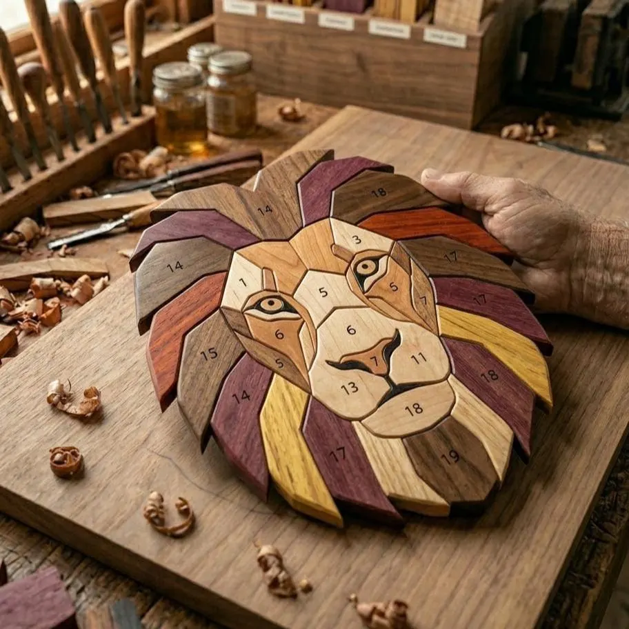 Geometric Lion Intarsia Pattern PDF, Modern Lion Woodworking Plan, Scroll Saw Wall Art, Easy DIY Animal Wood Decor Template