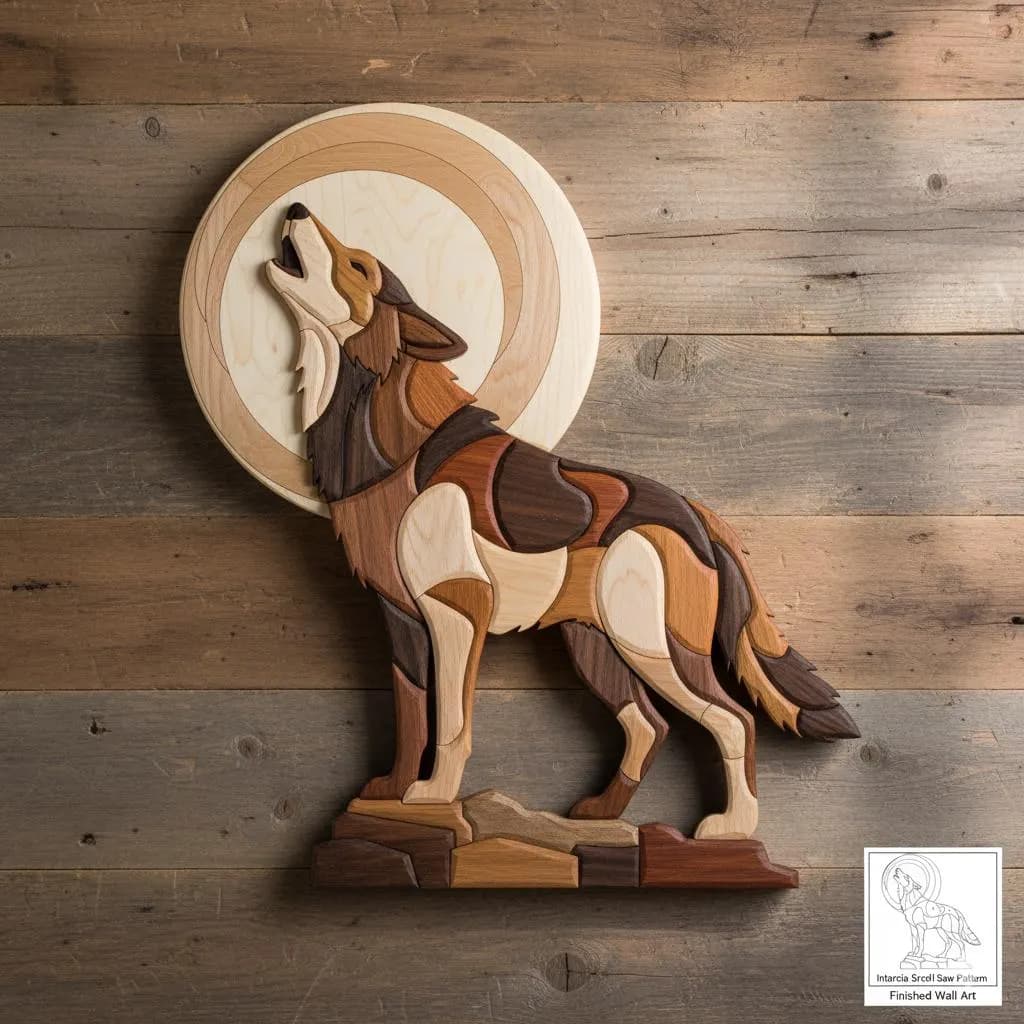 Howling Wolf with Moon Intarsia Pattern PDF | Scroll Saw Wolf Wall Art | Wildlife Woodworking Pattern | DIY Wood Wolf Plan