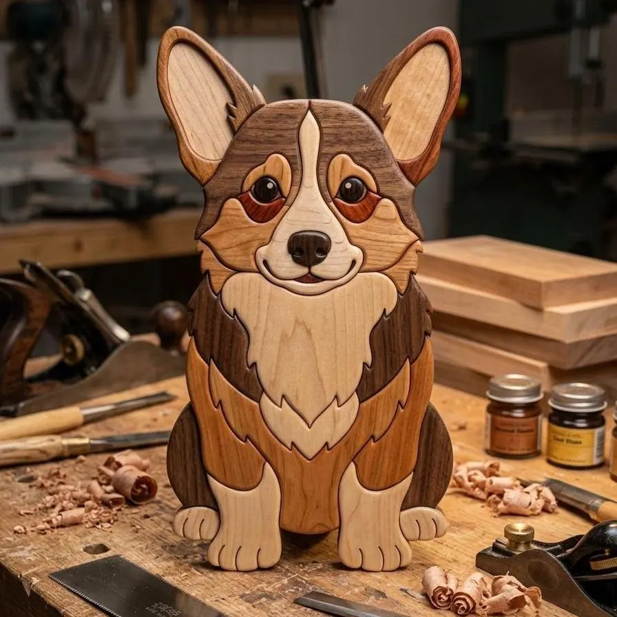 Cute Sitting Corgi Intarsia Pattern PDF | Scroll Saw Woodworking Template | Dog Wall Art DIY Plan | Digital Download