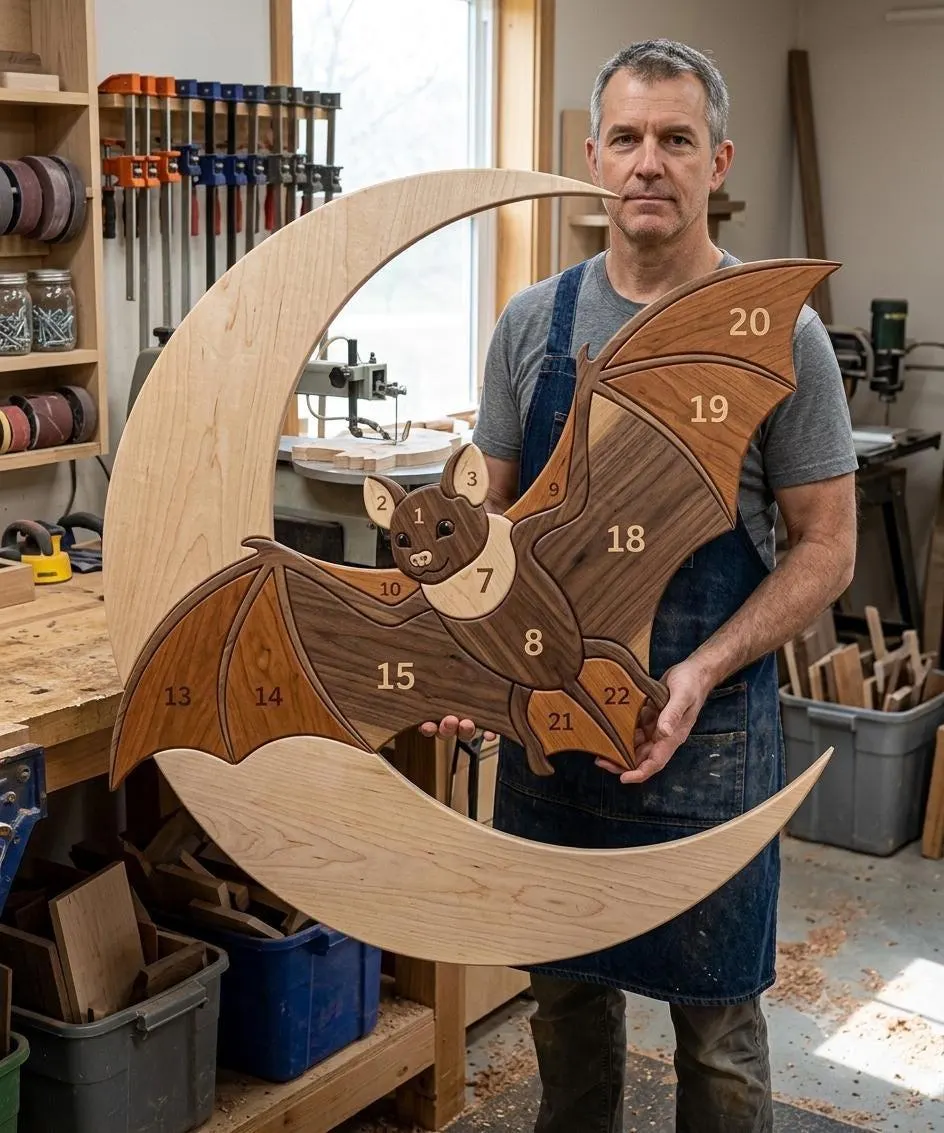 Bat Crescent Moon Intarsia Pattern, Halloween Woodworking PDF, Scroll Saw Pattern, Gothic Wood Art, DIY Wall Decor