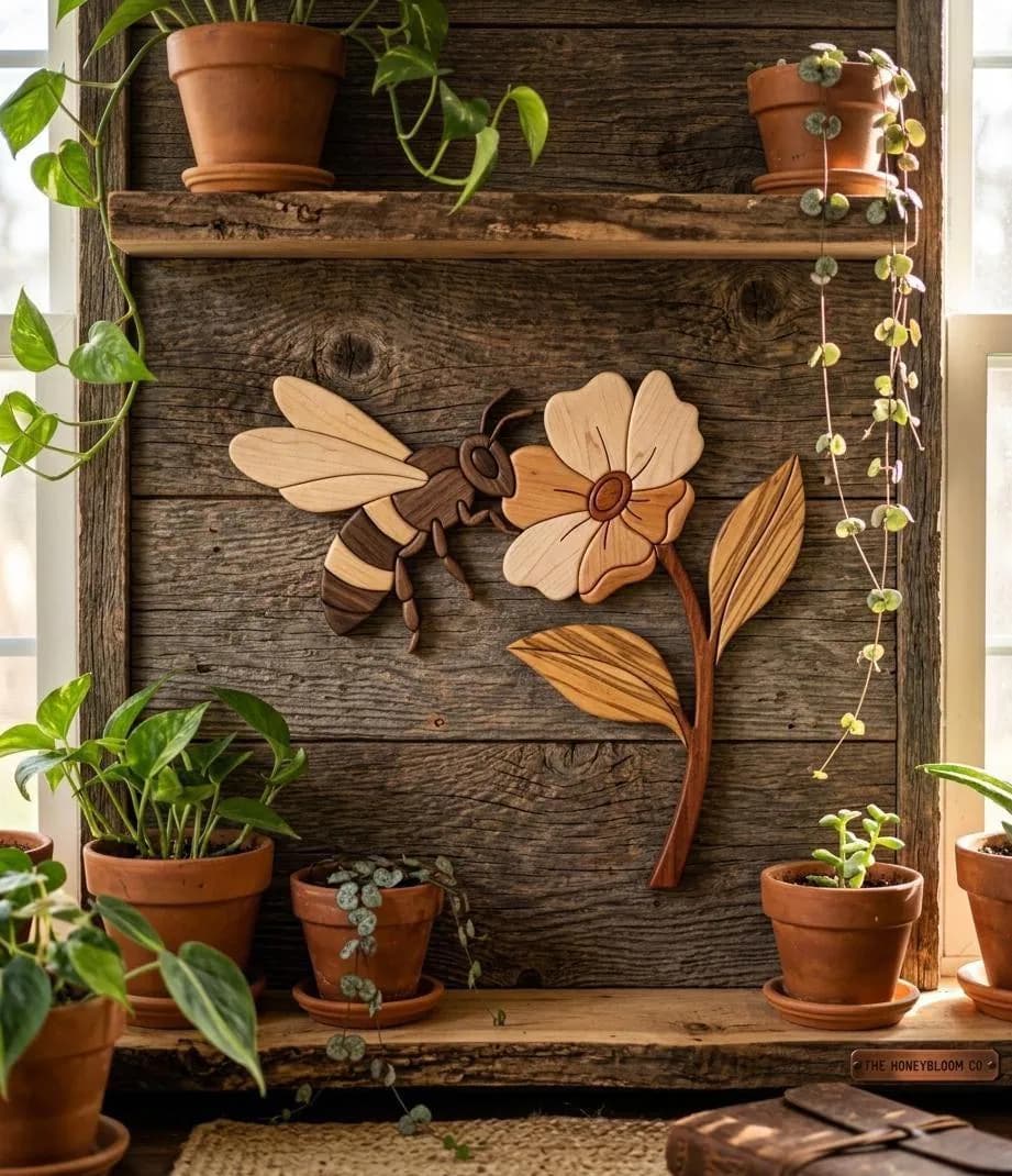 Bee on Flower Intarsia Pattern PDF | Beginner Scroll Saw Woodworking Plan | Rustic Farmhouse Wall Art Bee Flower Design
