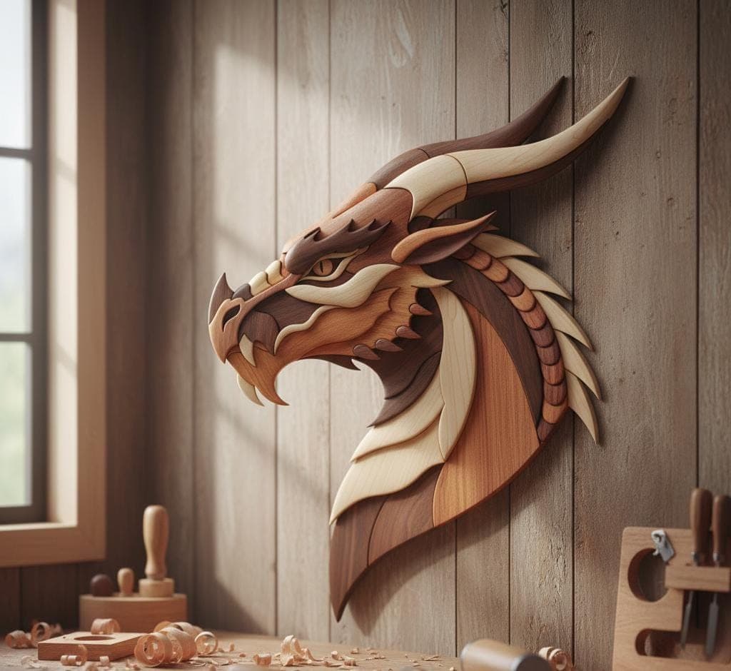 Dragon Head Intarsia Pattern PDF | Scroll Saw Dragon Template | Wooden Dragon Wall Art Plan | DIY Woodworking Pattern | Fantasy Dragon