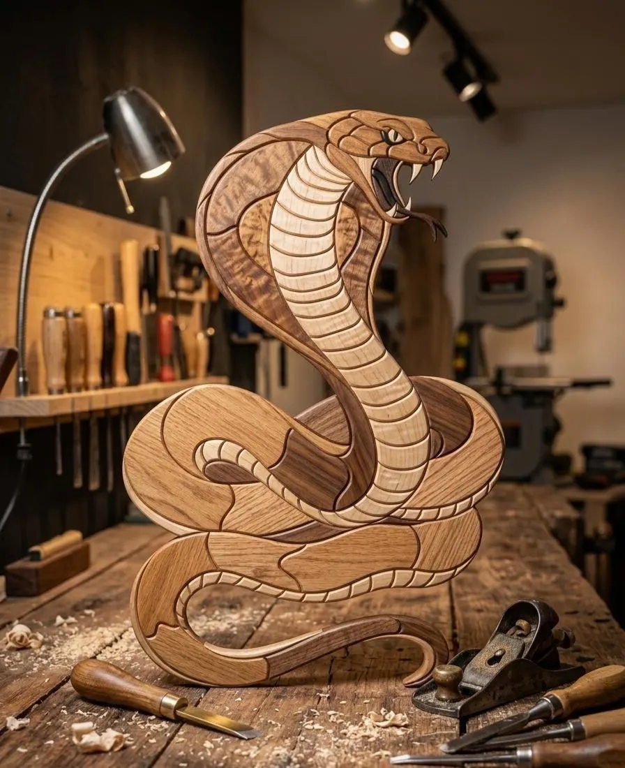 Striking Cobra Intarsia Pattern PDF | Snake Scroll Saw Woodworking Template | DIY Wooden Cobra Wall Art Plan
