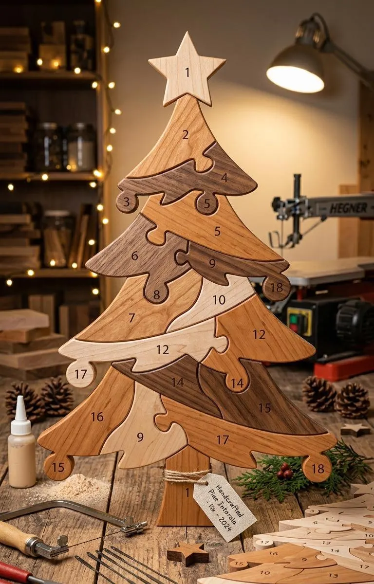 Christmas Tree Intarsia Pattern PDF, Beginner Scroll Saw Woodworking Plan, Easy 15 Piece Wood Inlay Template, DIY Holiday Decor