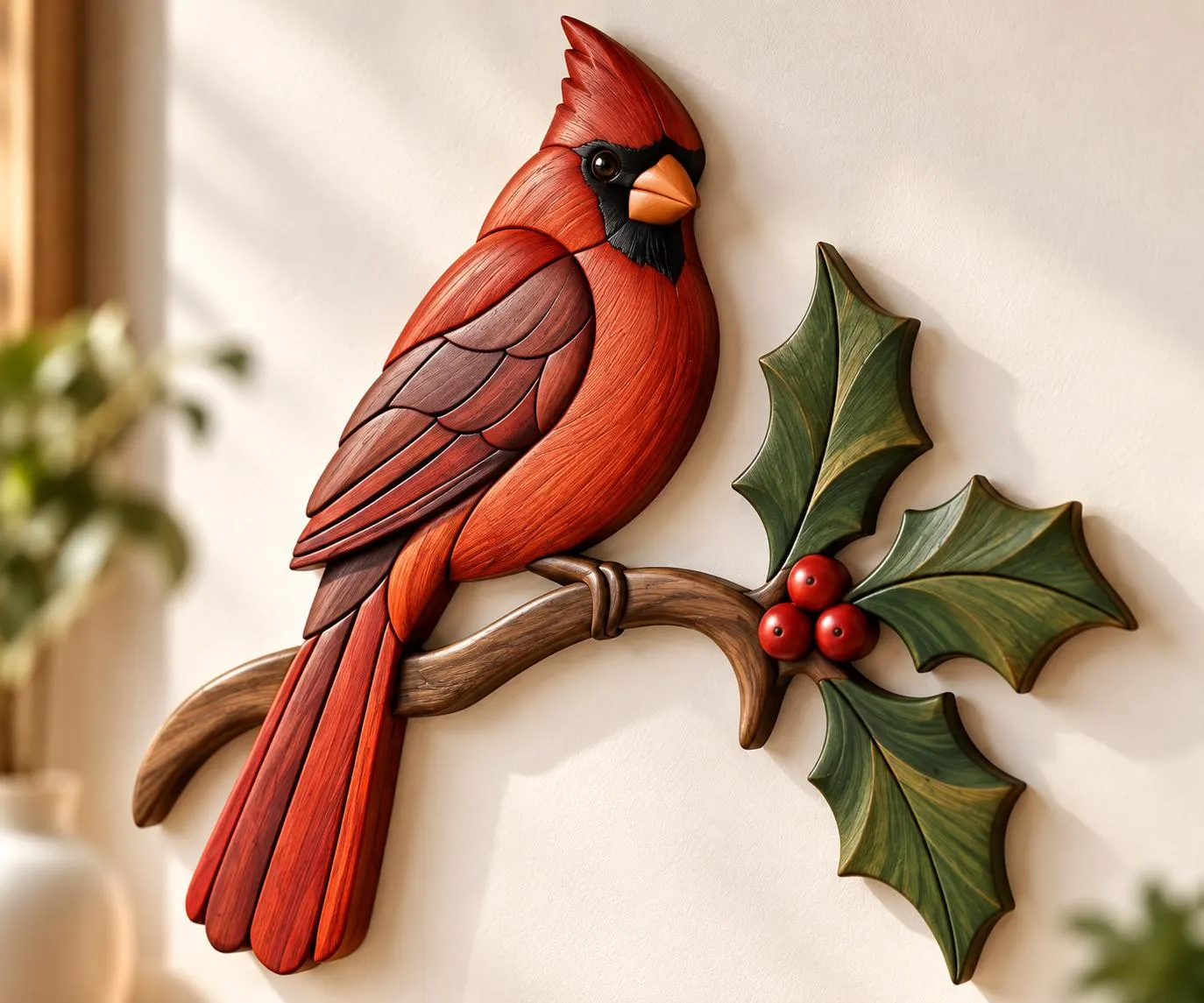 Cardinal Scroll Saw Pattern, Christmas Cardinal Intarsia, Wooden Bird Woodworking Template, Holly Branch PDF SVG EPS