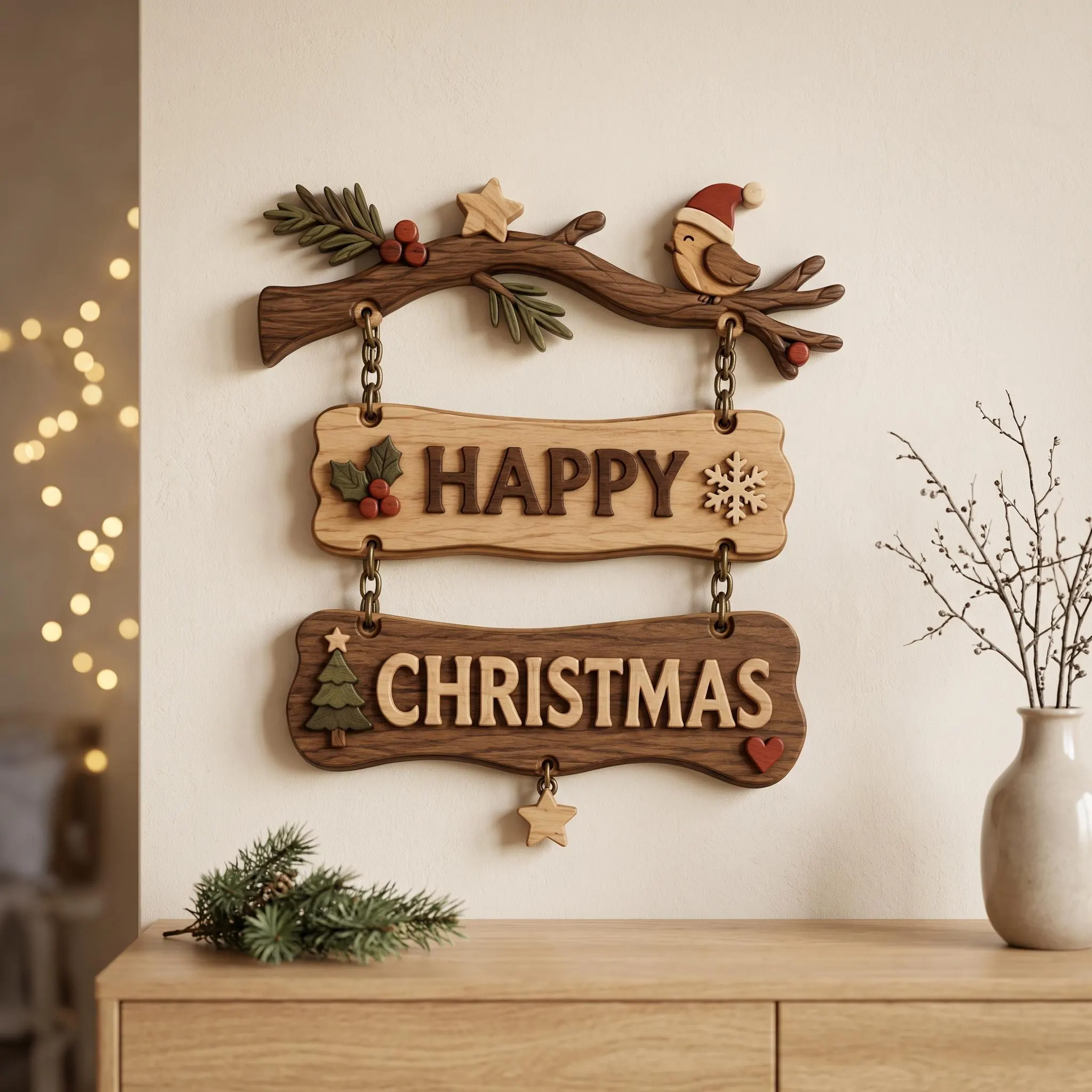 Christmas Hanging Sign Scroll Saw Pattern, Holiday Woodworking Template, Happy Christmas Decor, PDF SVG PNG Digital Download
