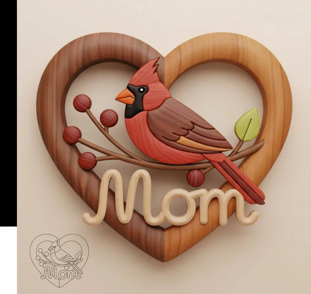 Cardinal Bird Heart Intersia Pattern: Mom Scroll Saw Stained Glass Style (Digital Download)