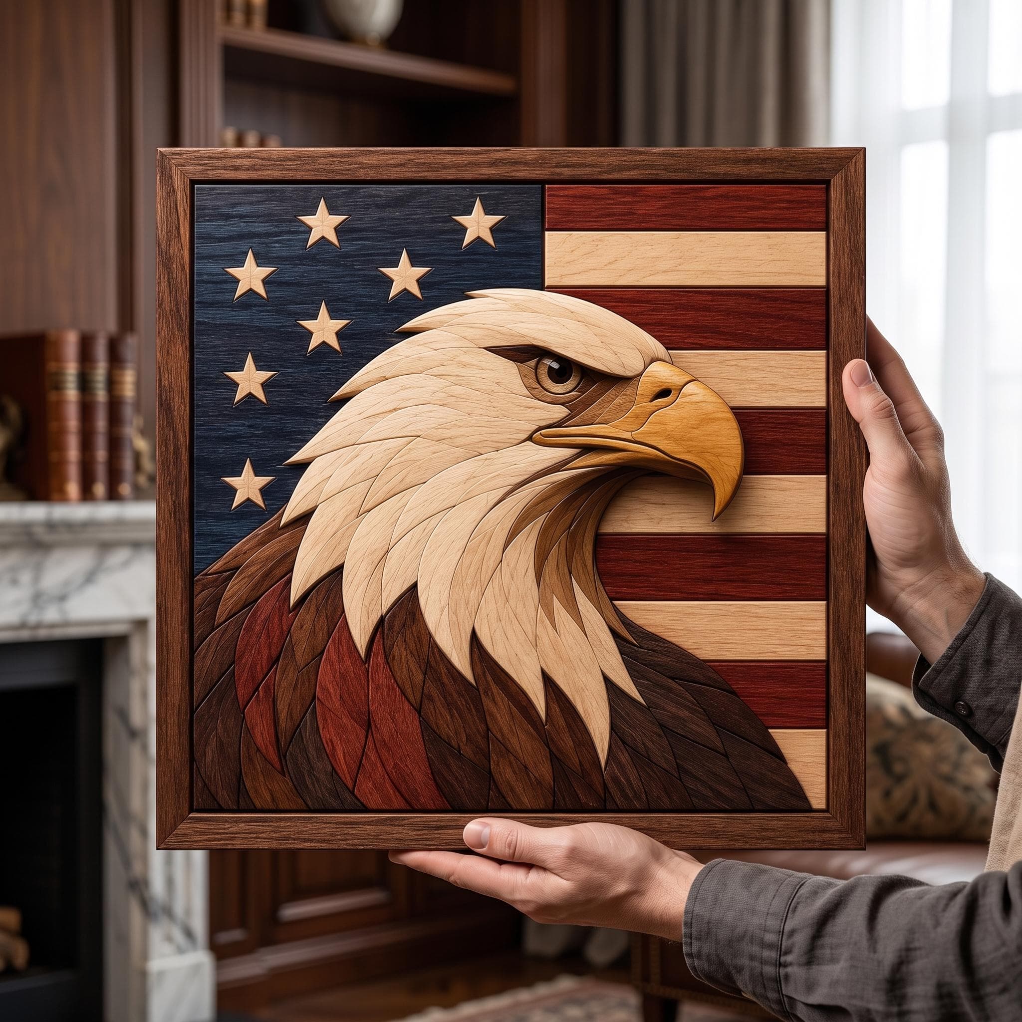Bald Eagle American Flag Scroll Saw Pattern | Intarsia Woodworking Plan (PDF Download)