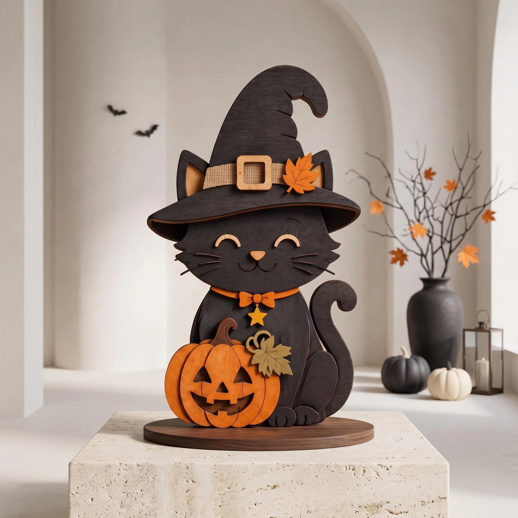 Halloween Black Cat Intarsia Pattern, Witch Hat Pumpkin, Woodworking Pattern, Halloween Decor, PDF SVG Digital Download