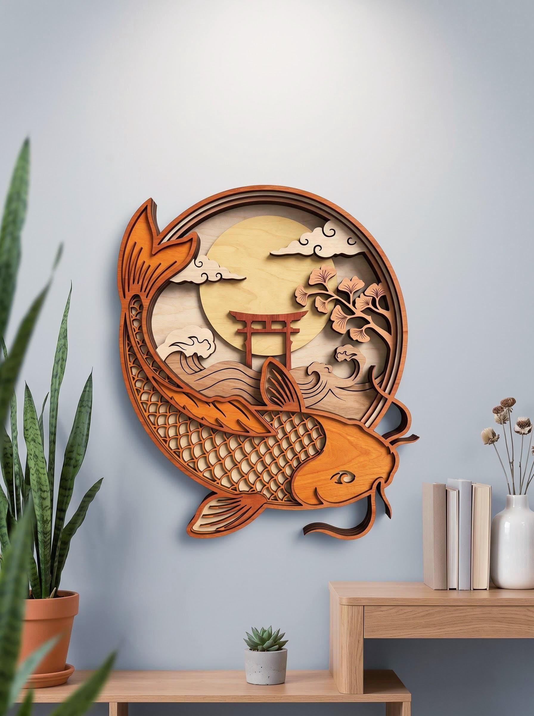 NB624 Japanese Koi Fish Layered SVG | 8 Layers | Koi Fish Wall Art | Laser Cut Multilayer File | CNC Wood Decor | Digital Download