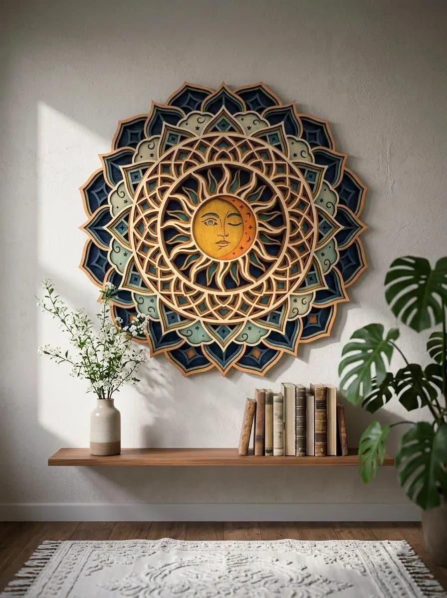 NB660 Sun Moon Mandala Layered SVG | 6 Layers | Celestial Mandala Wall Art | Laser Cut File | Boho Spiritual Decor | Digital Download