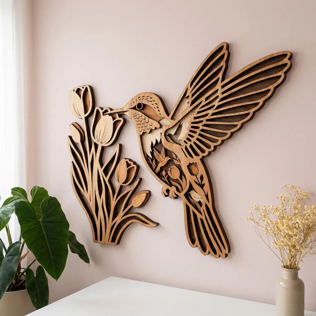 NB92 Hummingbird Layered Wood Art | Floral Tulip Nature Scene | CNC Laser Cut File | 7 Layer | Botanical Wall Decor Gift | Digital Download