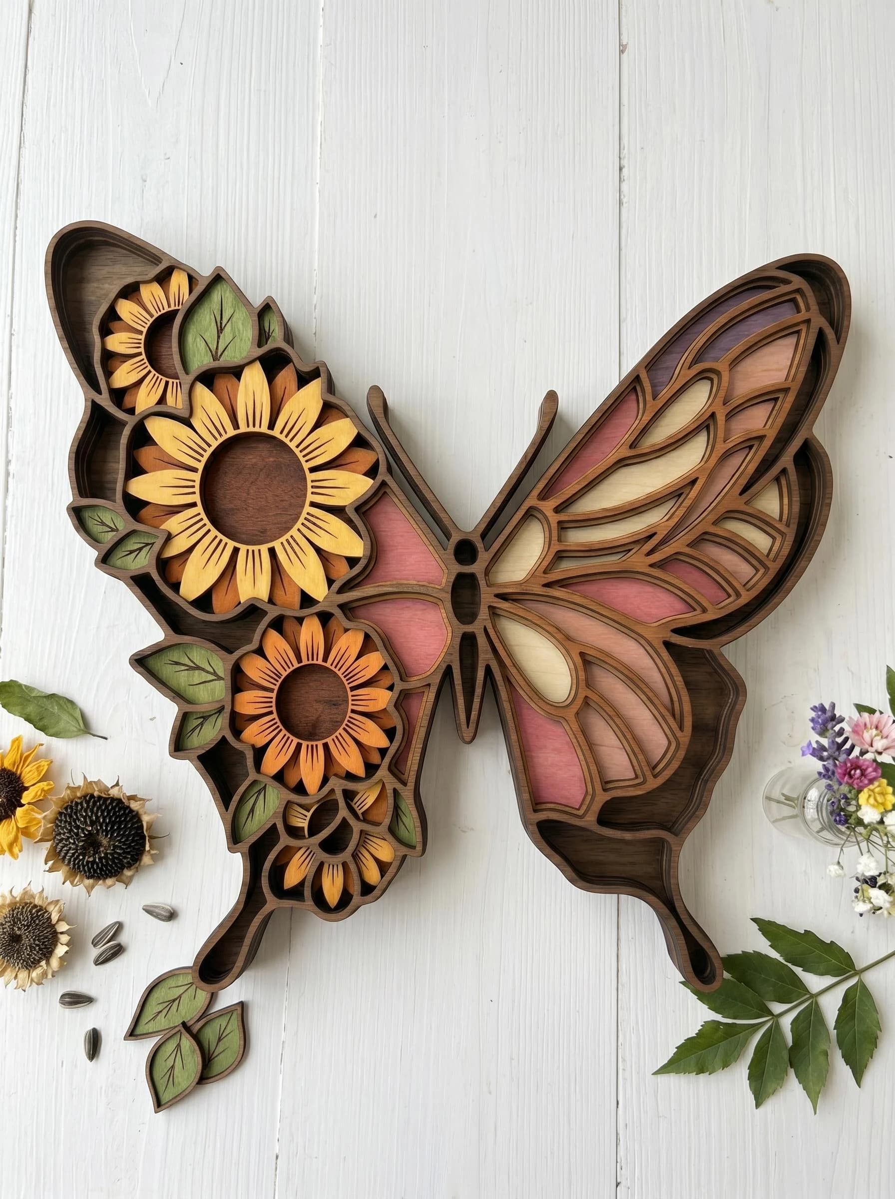 NB147 Sunflower Butterfly Layered SVG | 9 Layers | Laser Cut Multilayer Wood Art | CNC File | Floral Nature Decor | Digital Download