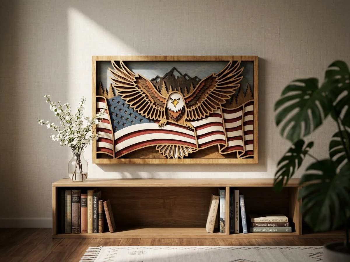 NB494 Patriotic Eagle Flag SVG | 12 Layers | American Pride Wall Art | Laser Cut Multilayer File | CNC Wood Decor | Digital Download