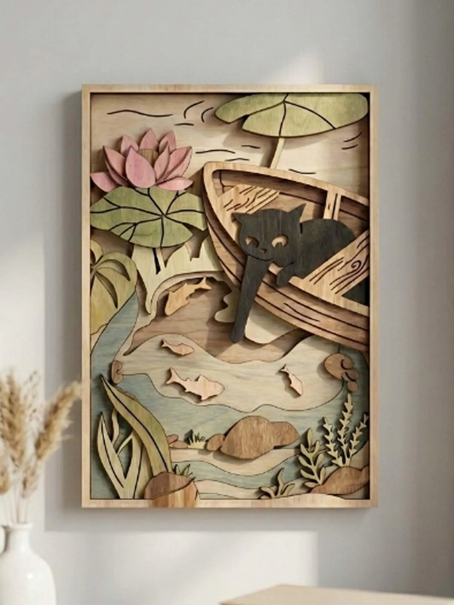 NB25 Cat in Boat Koi Pond Layered Wood Art, Lotus Lake Multilayer Laser Cut Wall Decor | 11 Layer (Digital Download)