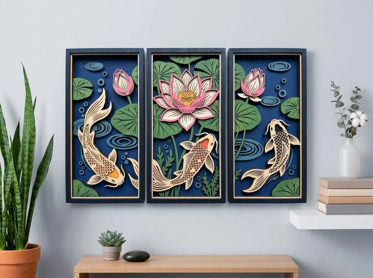 NB520 Koi Fish Lotus Pond Layered SVG Set | 3 Panel Wall Art | 8 Layers | Japanese Koi Decor | Laser Cut Multilayer File | Digital Download