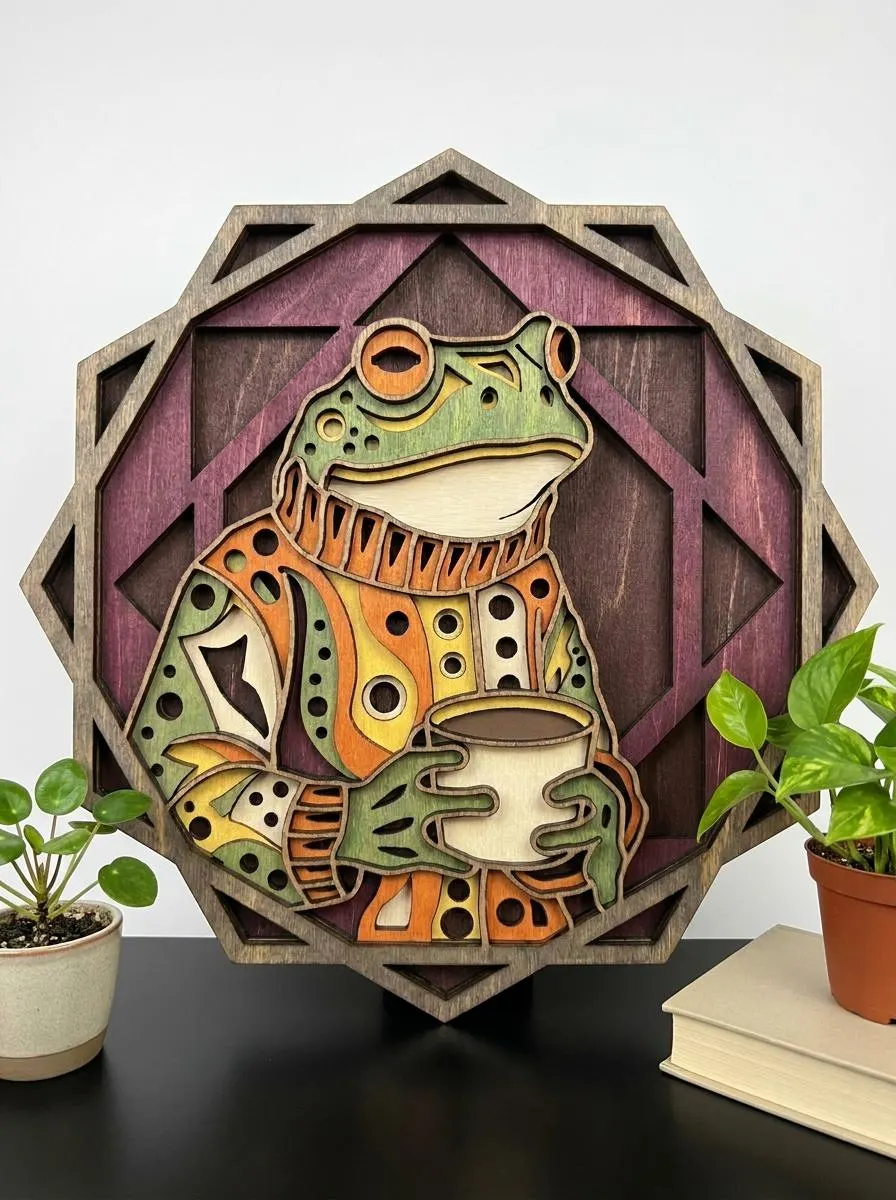 NB351b Frog Drinking Coffee SVG | 8 Layers | Cozy Frog Wall Art | Laser Cut Multilayer File | CNC Wood Decor | Digital Download