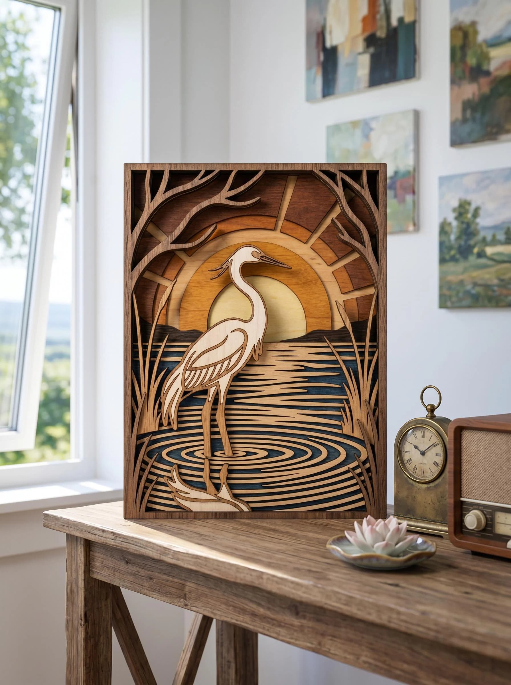 NB160 Heron Lake Sunset Layered SVG | 10 Layered Laser Cut File | Bird Landscape Multilayer CNC Wood Design | Digital Download
