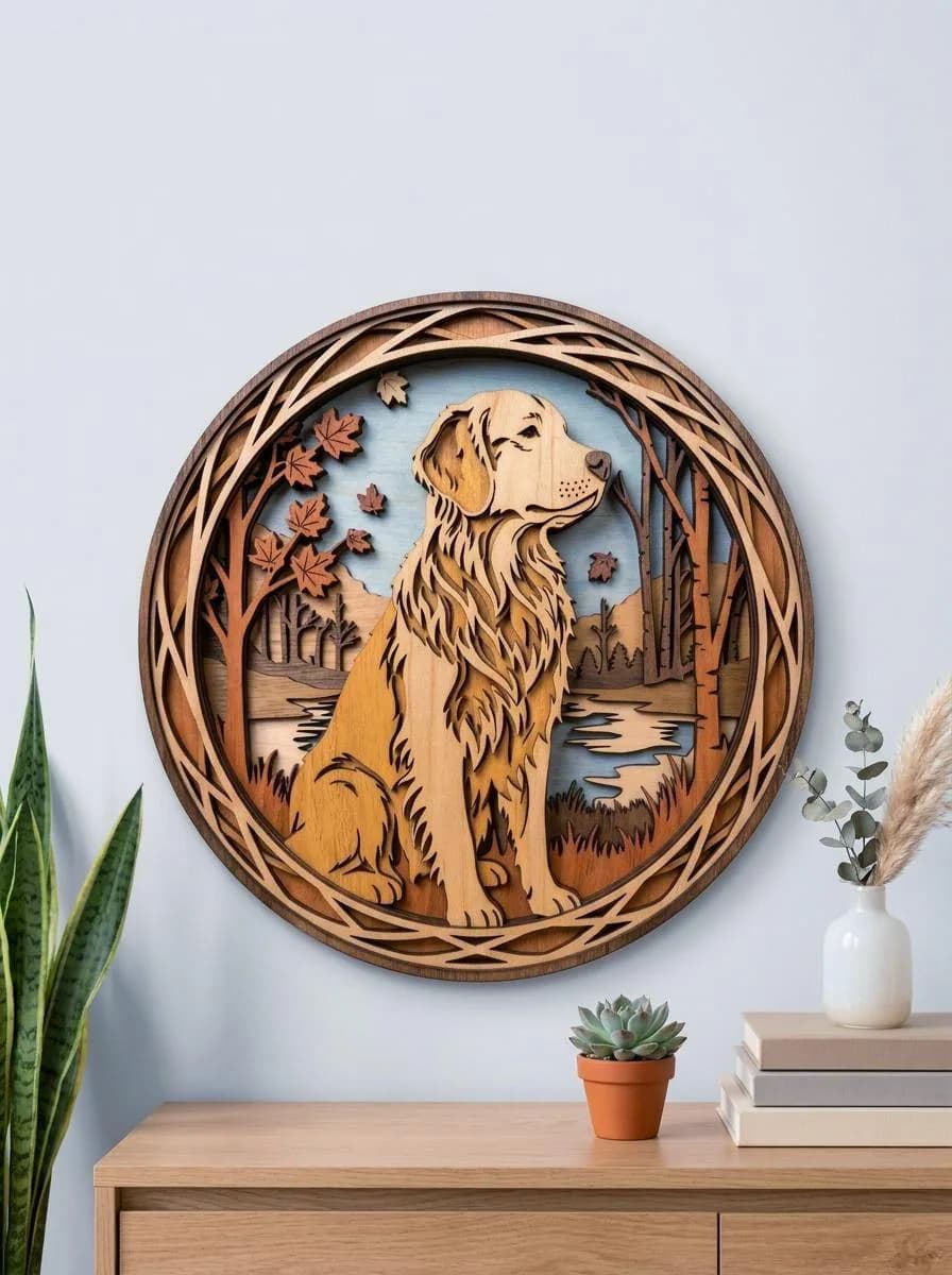 NB516 Golden Retriever SVG | 11 Layers | Autumn Forest Dog Wall Art | Laser Cut Multilayer File | CNC Wood Decor | Digital Download