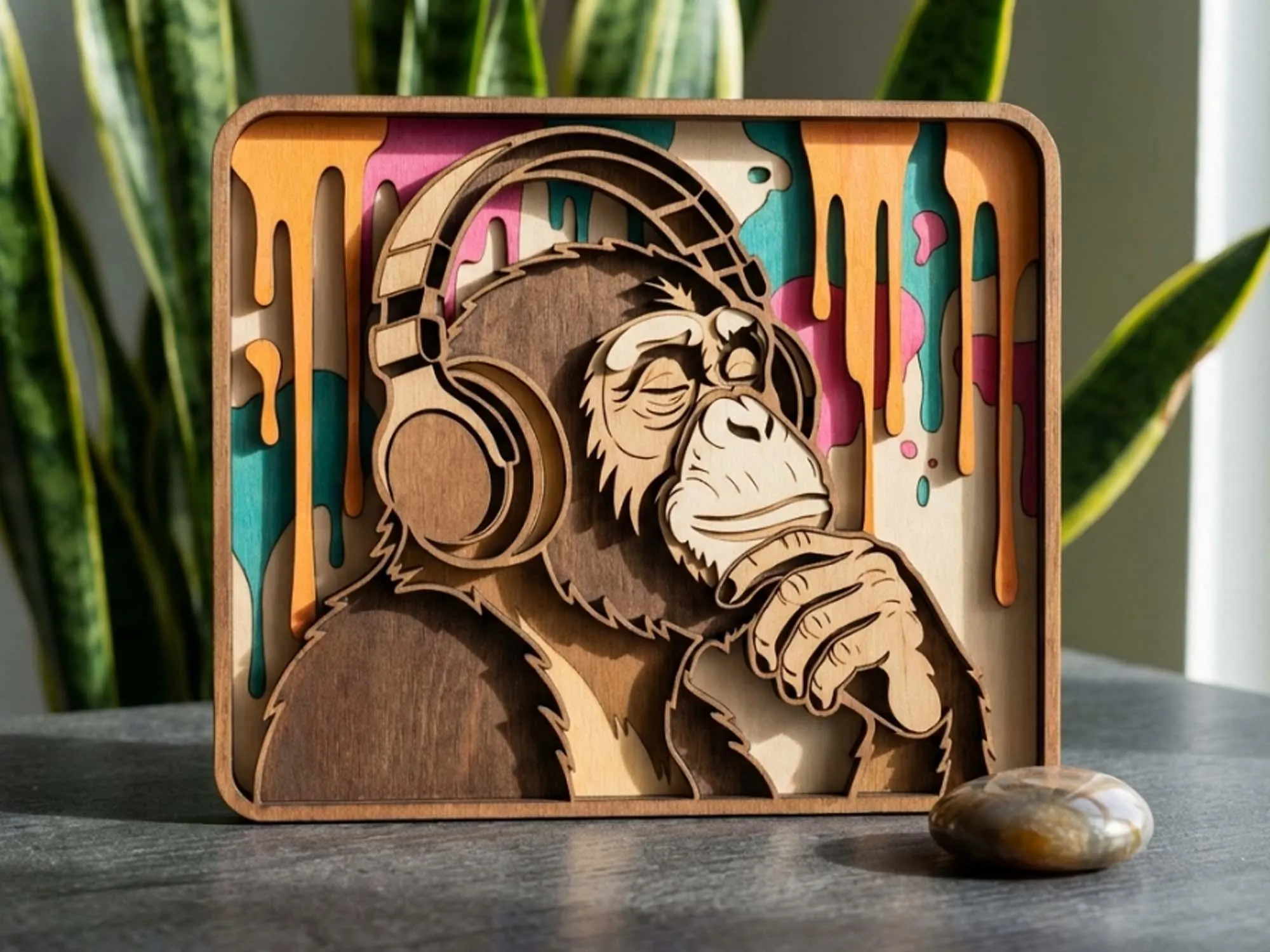 NB32 Cool Monkey Headphones, DJ Animal Laser Cut File, Layered Wood Design (digital download)